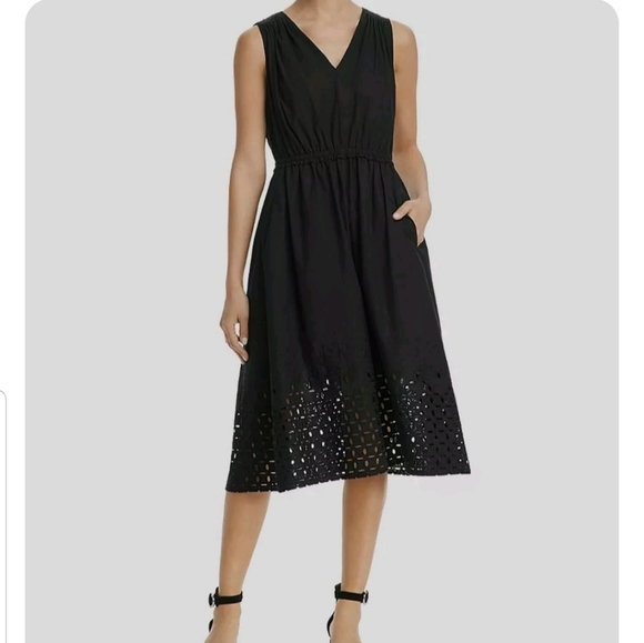 Donna Karan Black Cotton Embroidered Eyelet Hem Sleeveless A-line Dress Size 2 - Picture 1 of 16